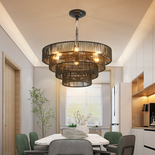 4-Tier Black Hemp Rope Pendant Chandelier