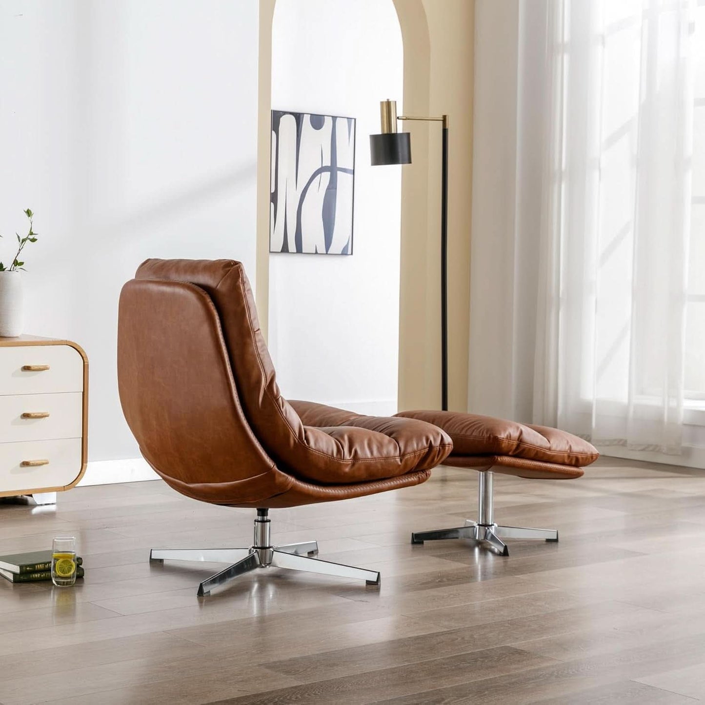 Brown Upholstered Faux Leather Swivel Chair Ottoman