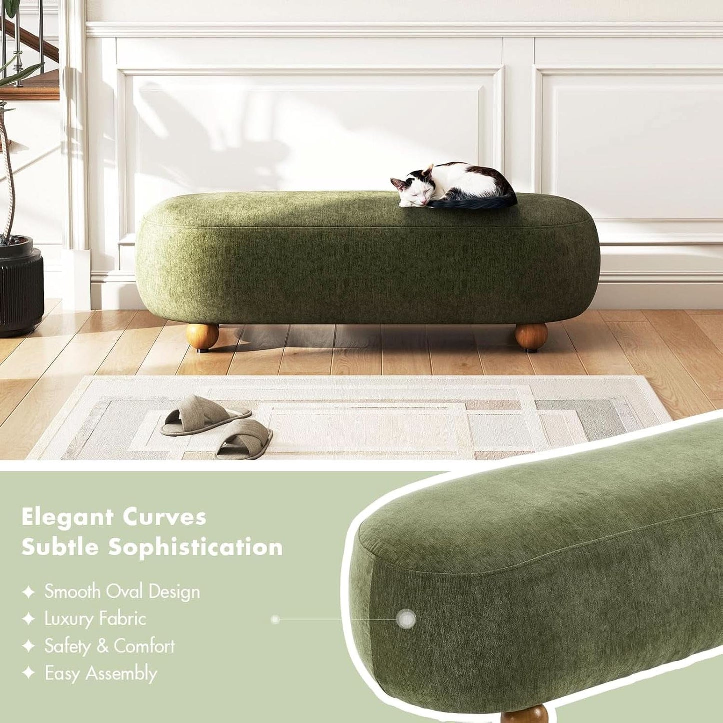 Green Velvet Bench Cushioned Seat