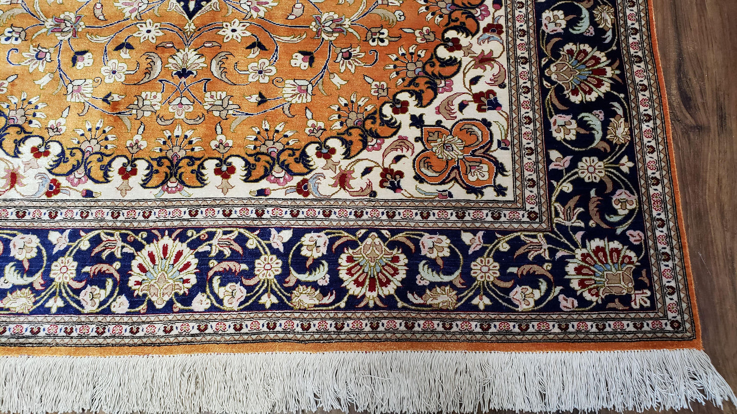 Stunning 1950s Persian Qum Silk Rug - 4.6 x 6.7
