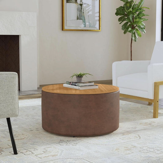Upholstered Brown Wood Top Storage Ottoman
