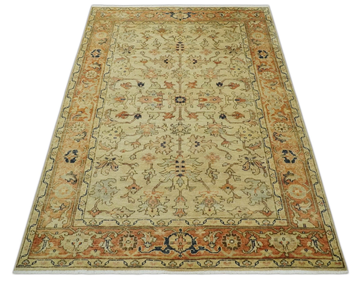 Tabriz 6x8 Hand Knotted Beige & Rust Traditional Wool Rug