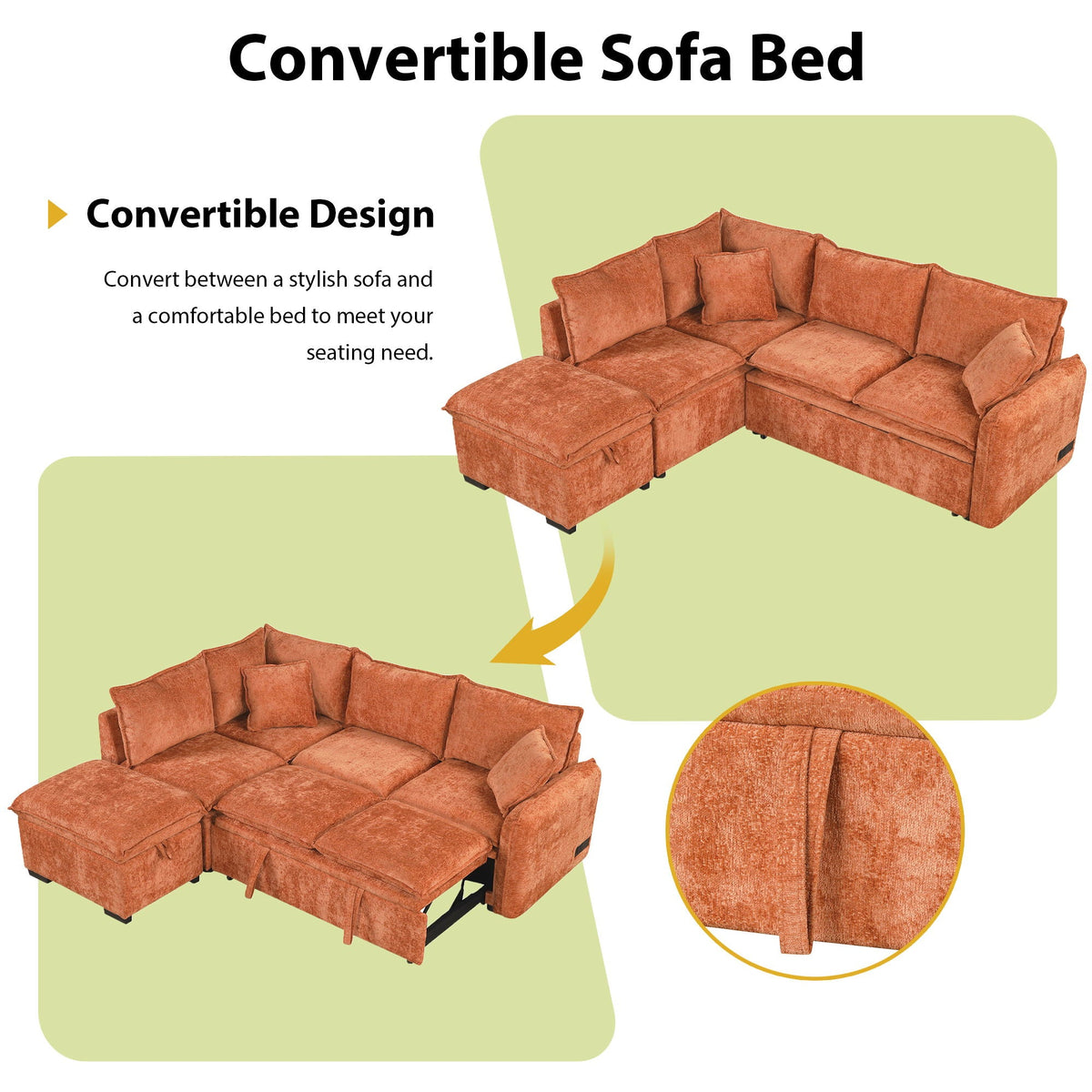 Convertible Sofa Bed Sectional Sofa Sleeper L-Shaped Sofa With A Storage Ottoman, Two Pillows, Two Power Sockets And Two USB Ports For Living Room - Marijuana Mama