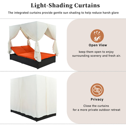 Outdoor Double Chaise Lounge Daybed with Curtains