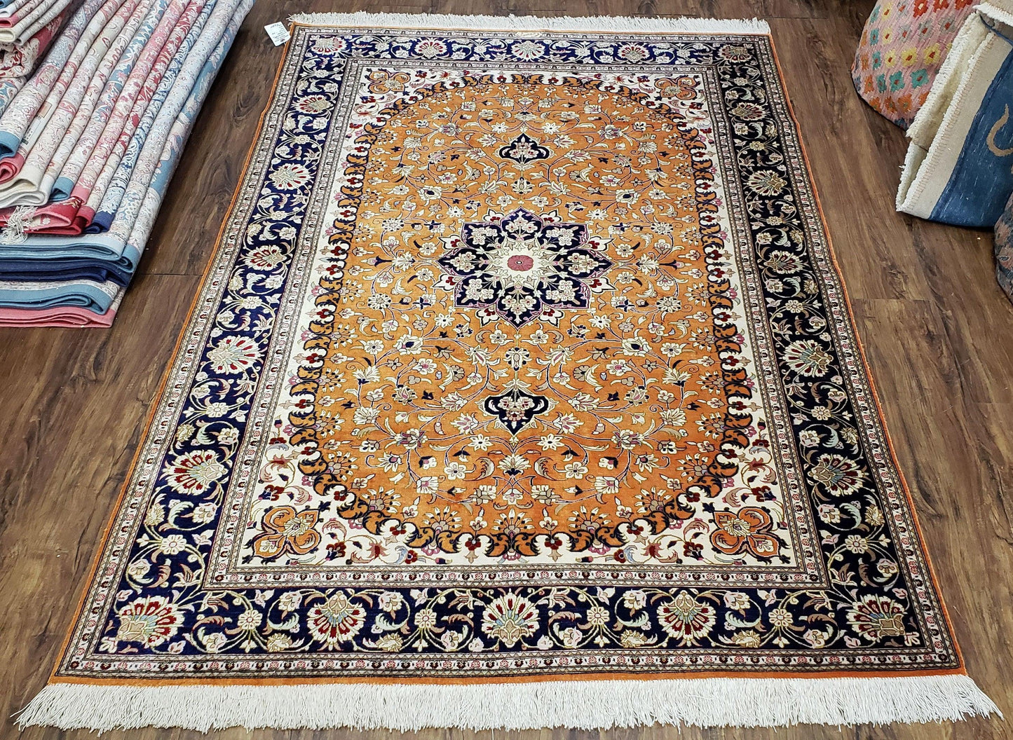 Stunning 1950s Persian Qum Silk Rug - 4.6 x 6.7