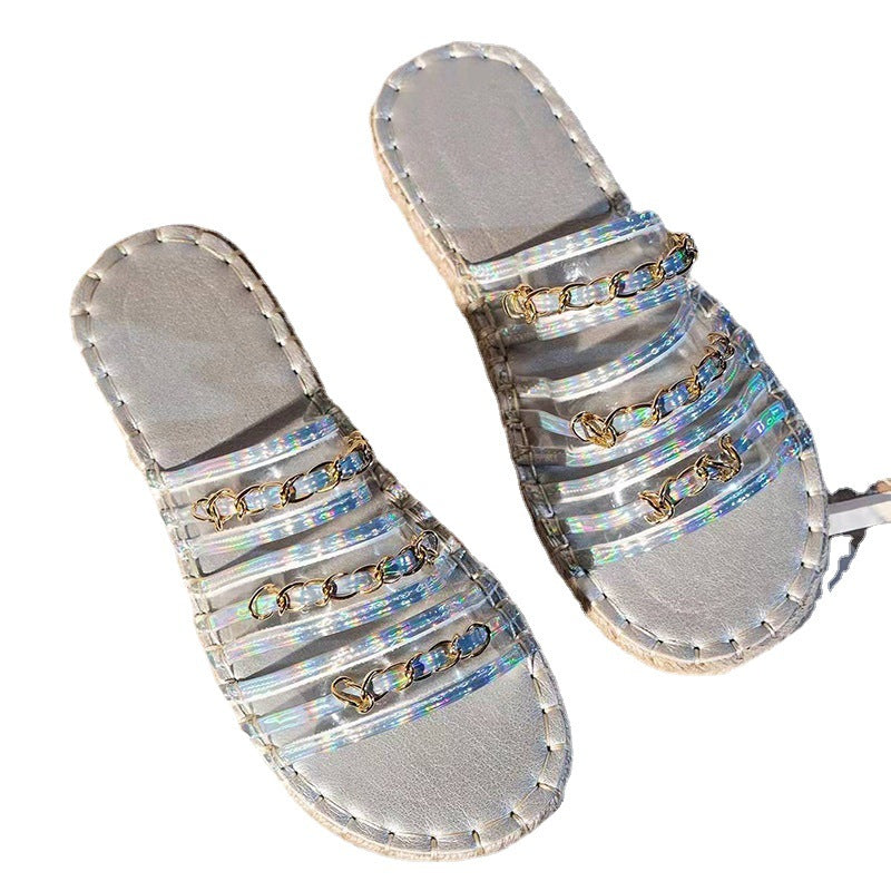 New Hemp Rope Thick Bottom Sandals With Rhinestones