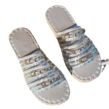 New Hemp Rope Thick Bottom Sandals With Rhinestones