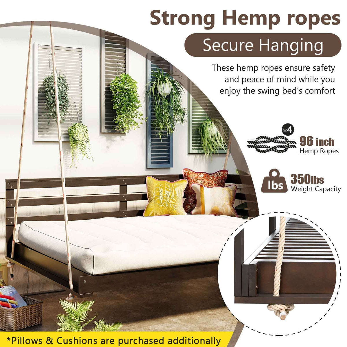 Acacia Wood Porch Swing Bed for Outdoors with Hemp Ropes - Full Size