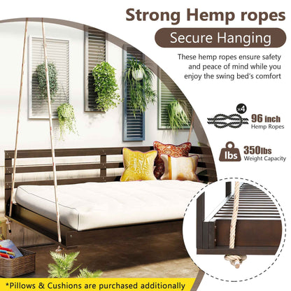 Acacia Wood Porch Swing Bed for Outdoors with Hemp Ropes - Full Size