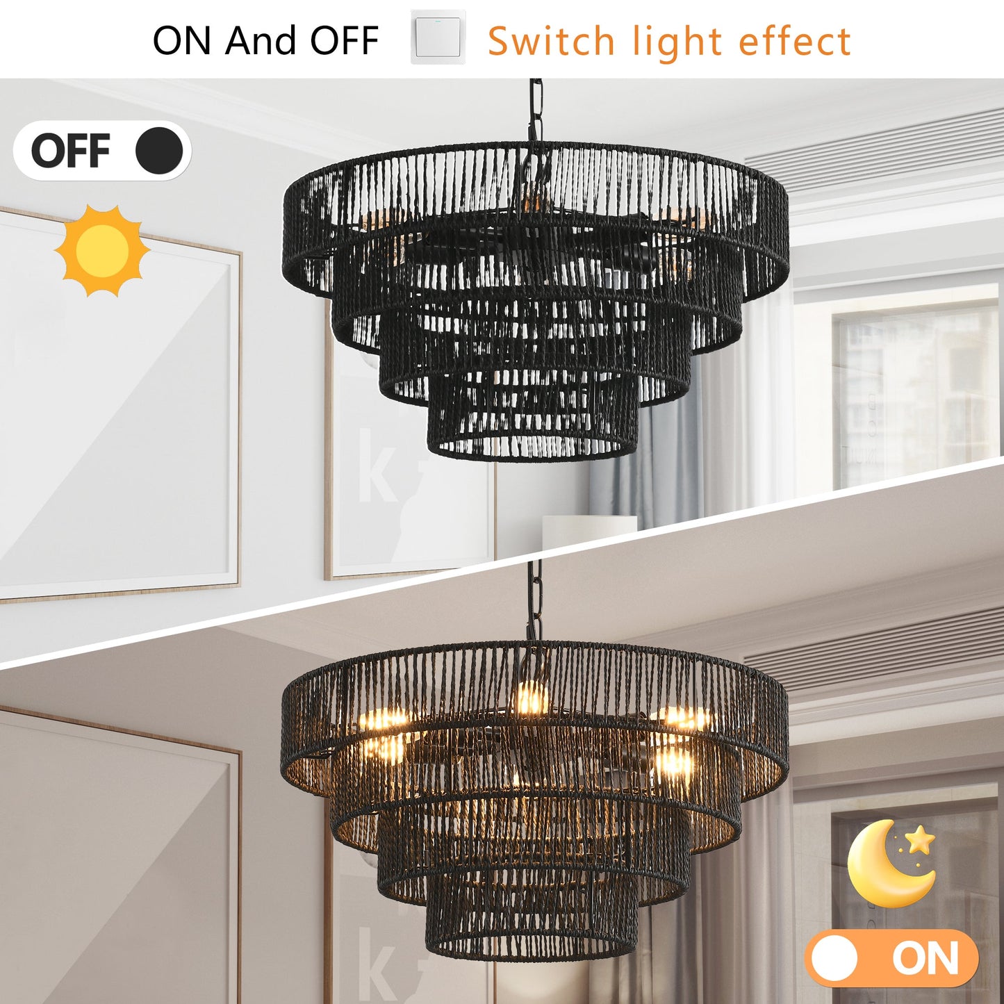 4-Tier Black Hemp Rope Pendant Chandelier