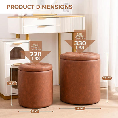 Dark Brown Faux Leather Round Storage Ottoman