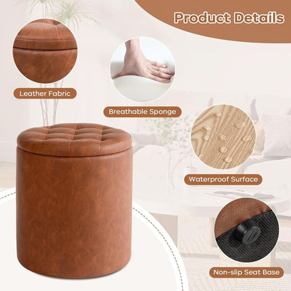 Dark Brown Faux Leather Round Storage Ottoman