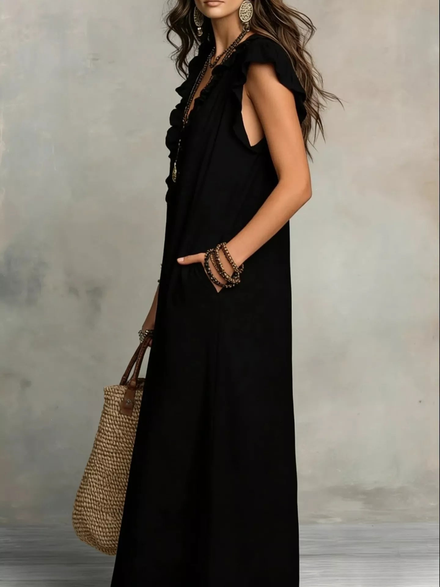 Ruffled V-Neck Cap Sleeve Maxi Dress