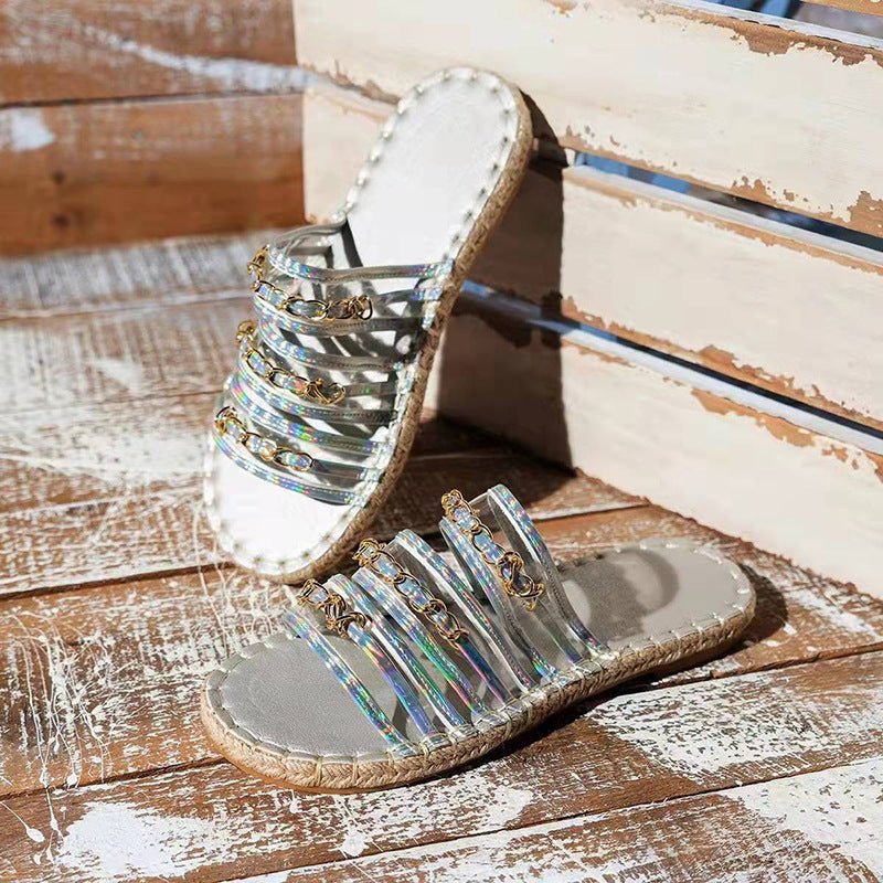 New Hemp Rope Thick Bottom Sandals With Rhinestones