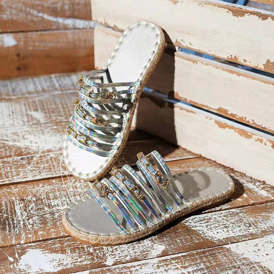 New Hemp Rope Thick Bottom Sandals With Rhinestones