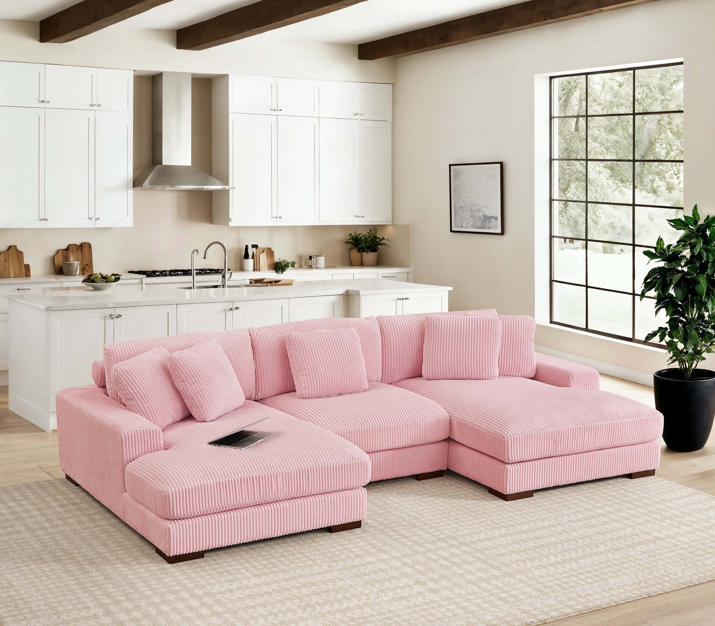 Pretty on Pink Corduroy Upholstered Double Chaise Sectional