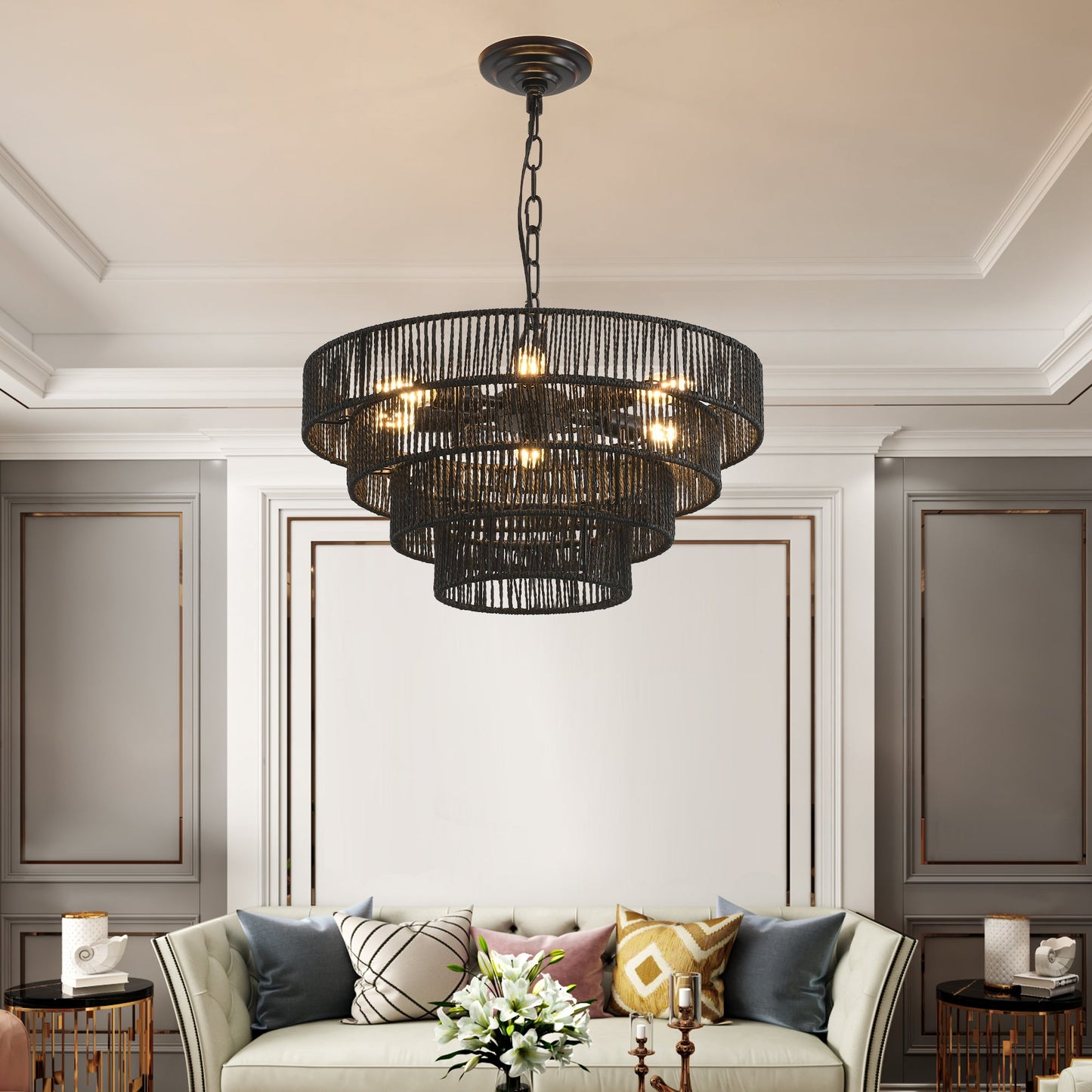 4-Tier Black Hemp Rope Pendant Chandelier