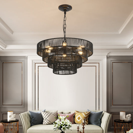 4-Tier Black Hemp Rope Pendant Chandelier