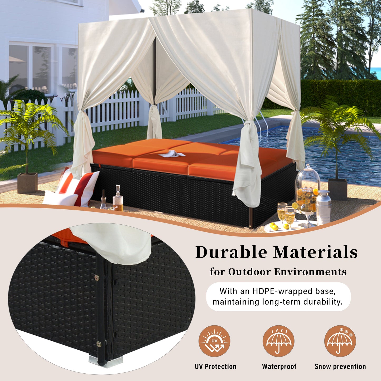 Outdoor Double Chaise Lounge Daybed with Curtains