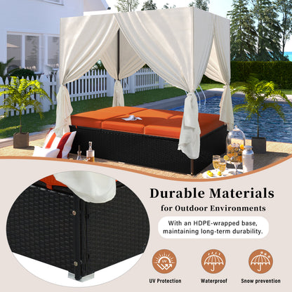 Outdoor Double Chaise Lounge Daybed with Curtains