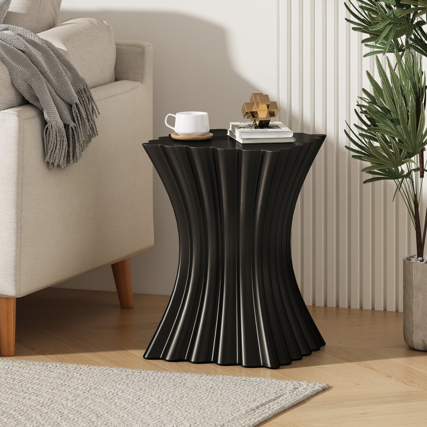 Outdoor Wave Design Side Table, Lightweight Concrete Garden Stool, Black