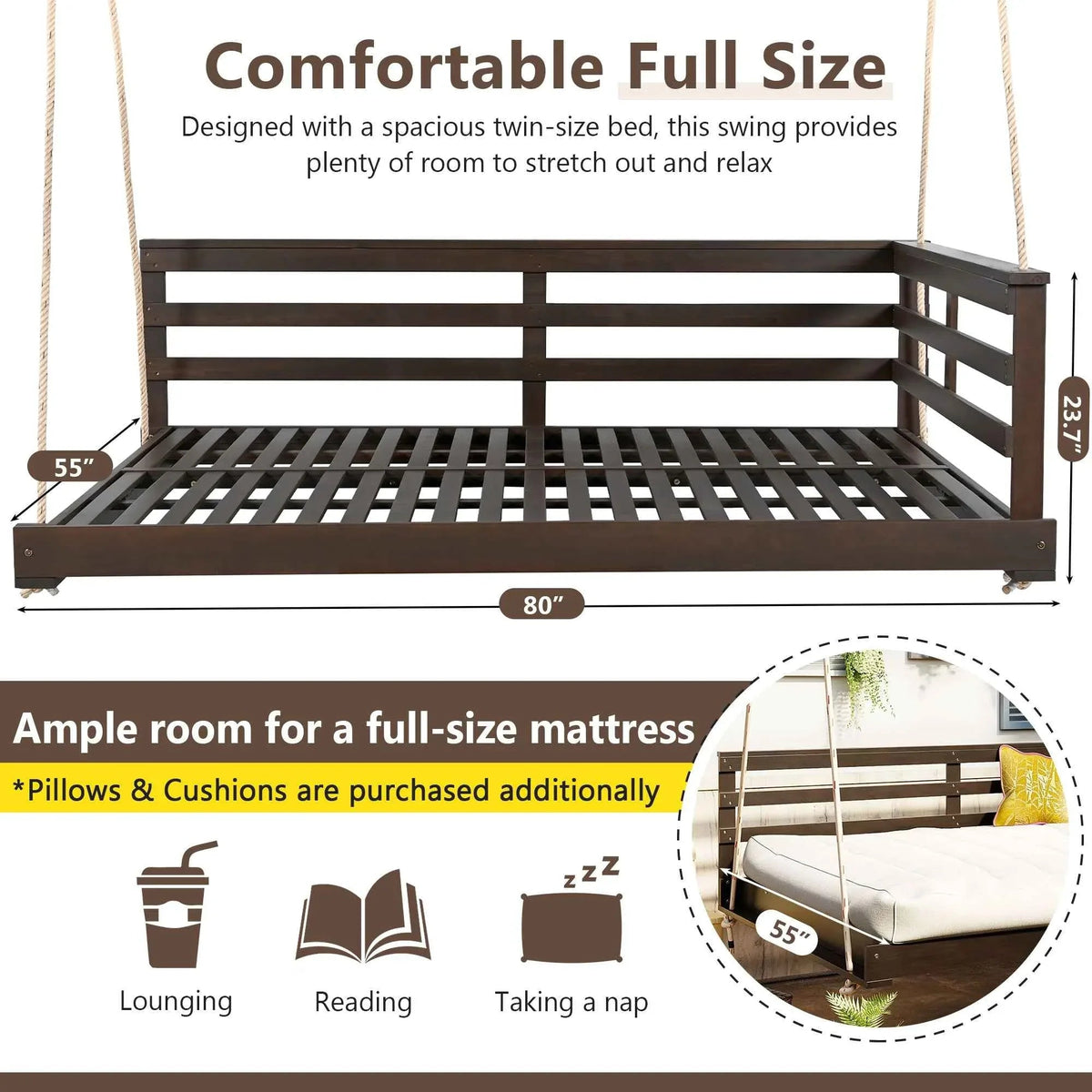 Acacia Wood Porch Swing Bed for Outdoors with Hemp Ropes - Full Size