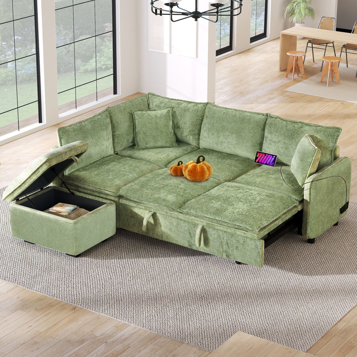 Convertible Sofa Bed Sectional Sofa Sleeper L-Shaped Sofa With A Storage Ottoman, Two Pillows, Two Power Sockets And Two USB Ports For Living Room - Marijuana Mama