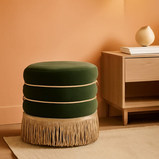 Olive Velvet Round Ottoman With Fringe