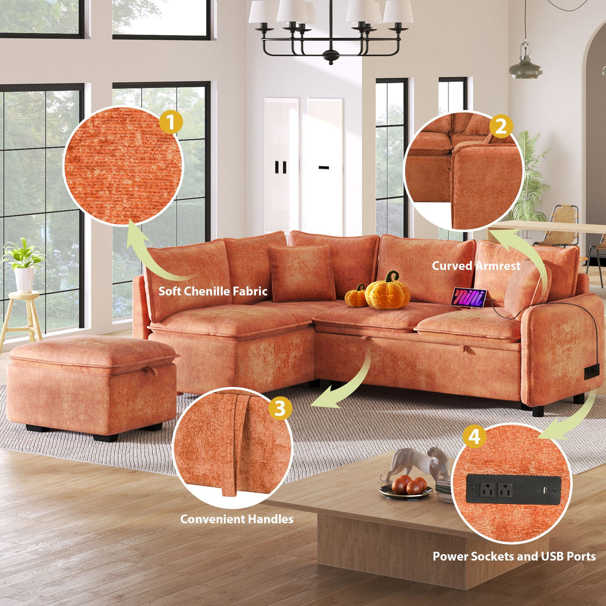 Convertible Sofa Bed Sectional Sofa Sleeper L-Shaped Sofa With A Storage Ottoman, Two Pillows, Two Power Sockets And Two USB Ports For Living Room - Marijuana Mama