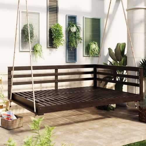 Acacia Wood Porch Swing Bed for Outdoors with Hemp Ropes - Full Size