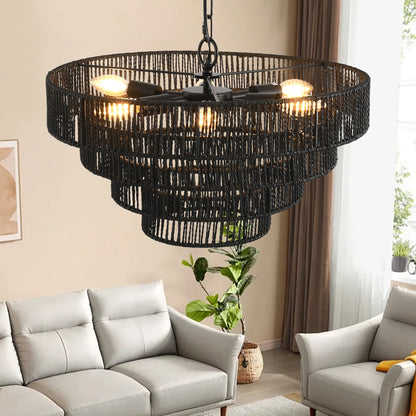 4-Tier Black Hemp Rope Pendant Chandelier