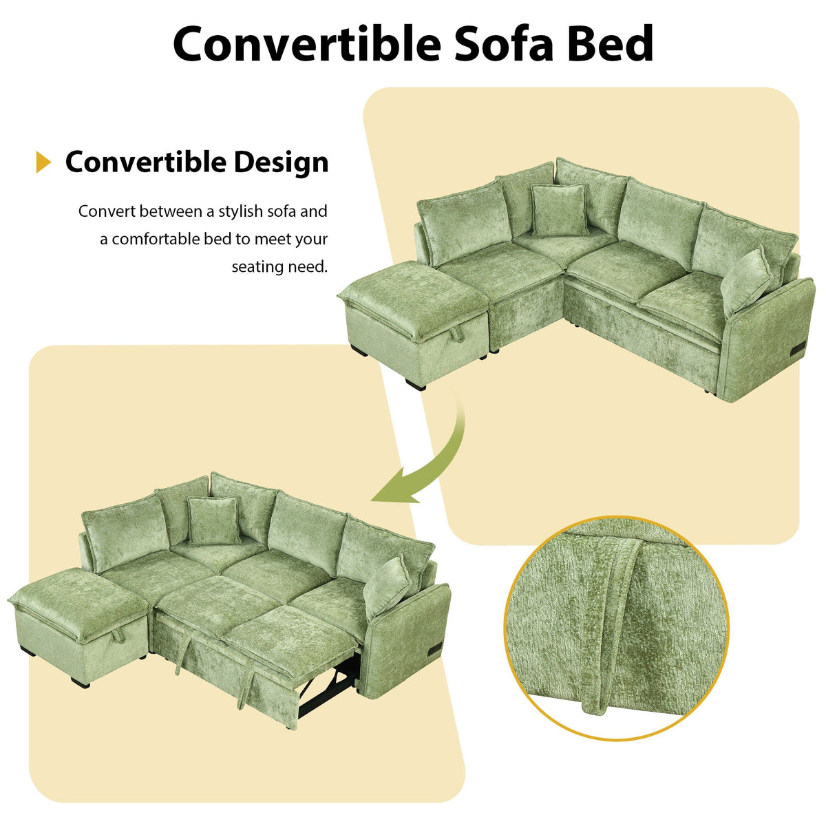 Convertible Sofa Bed Sectional Sofa Sleeper L-Shaped Sofa With A Storage Ottoman, Two Pillows, Two Power Sockets And Two USB Ports For Living Room - Marijuana Mama