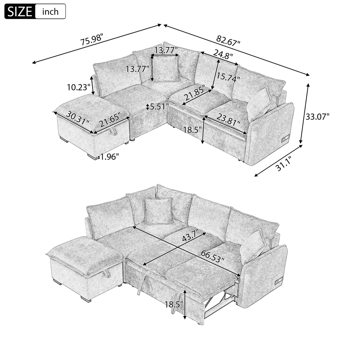Convertible Sofa Bed Sectional Sofa Sleeper L-Shaped Sofa With A Storage Ottoman, Two Pillows, Two Power Sockets And Two USB Ports For Living Room - Marijuana Mama