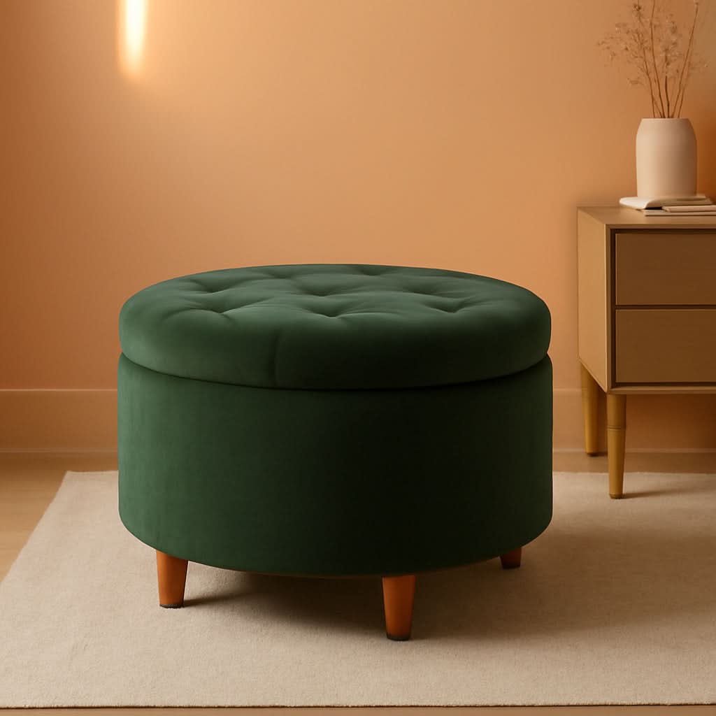 Handcrafted Loden Green Velvet Storage Ottoman