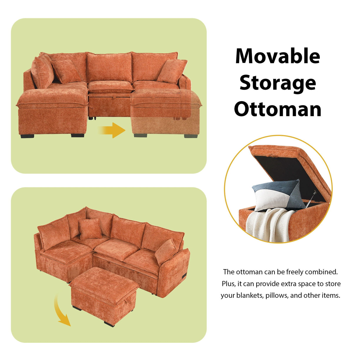 Convertible Sofa Bed Sectional Sofa Sleeper L-Shaped Sofa With A Storage Ottoman, Two Pillows, Two Power Sockets And Two USB Ports For Living Room - Marijuana Mama