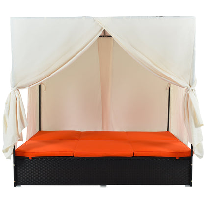 Outdoor Double Chaise Lounge Daybed with Curtains