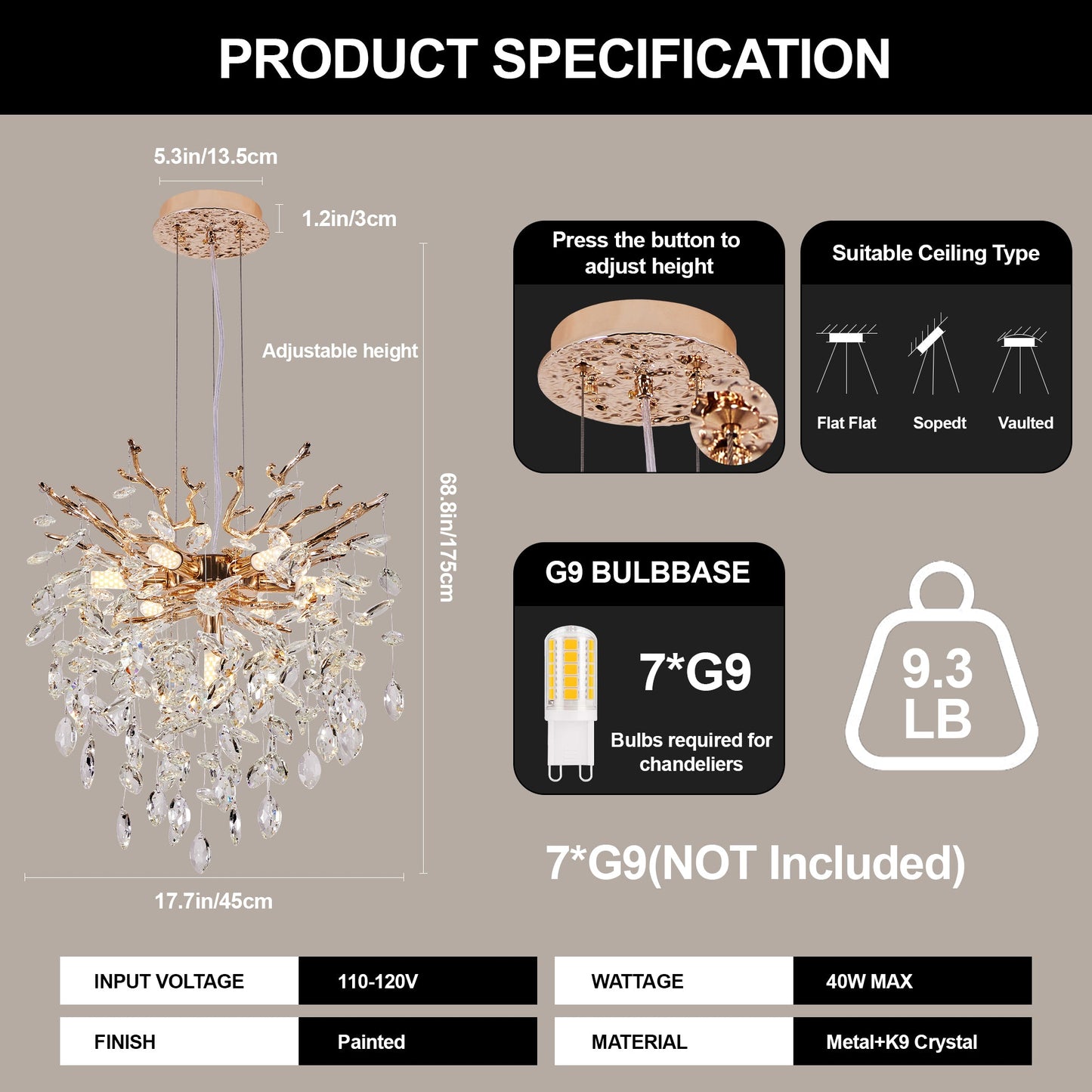 Chandelier Tree Branch Crystal Gold 7-Light