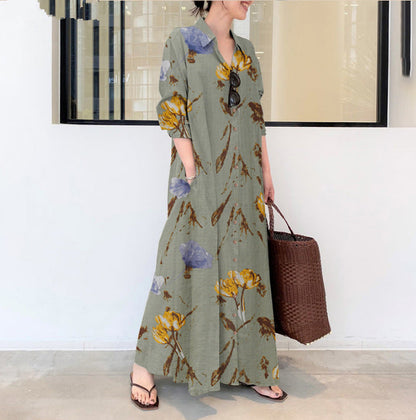 Cotton & Hemp Color Lapel Pocket Simple Loose Casual Long Dress - Marijuana Mama