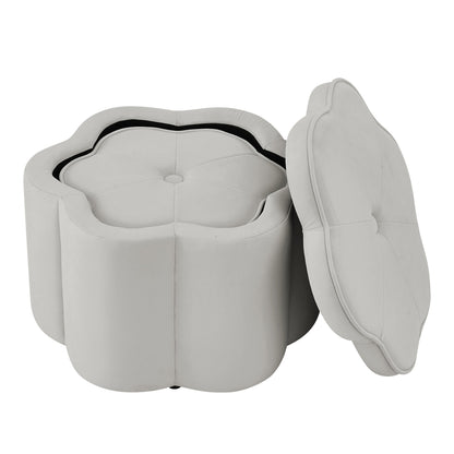 Set of 2 Flower Shape Petal Velvet Storage Ottoman with Storage, Gray