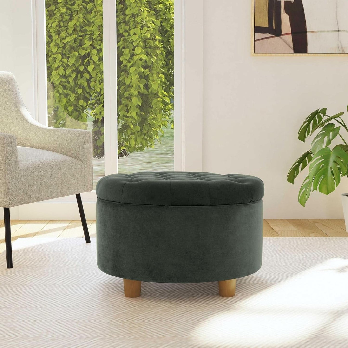Handcrafted Loden Green Velvet Storage Ottoman