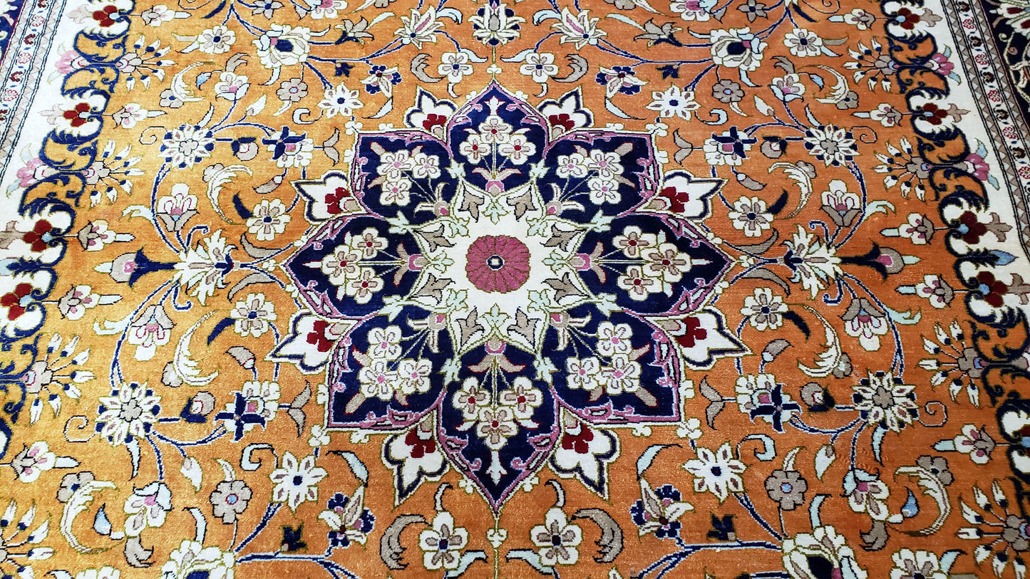 Stunning 1950s Persian Qum Silk Rug - 4.6 x 6.7