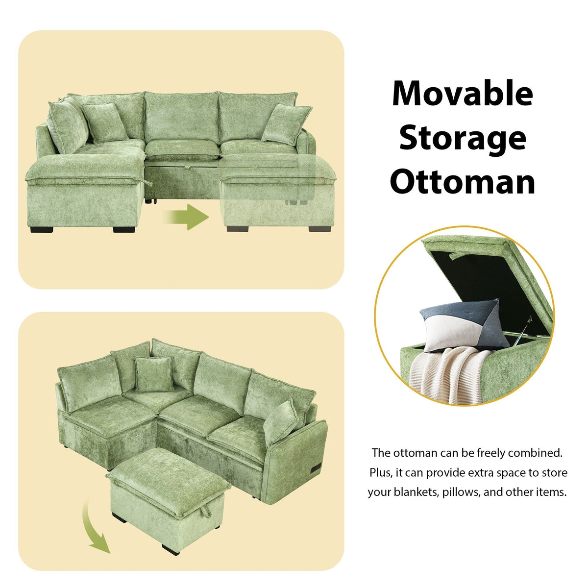 Convertible Sofa Bed Sectional Sofa Sleeper L-Shaped Sofa With A Storage Ottoman, Two Pillows, Two Power Sockets And Two USB Ports For Living Room - Marijuana Mama
