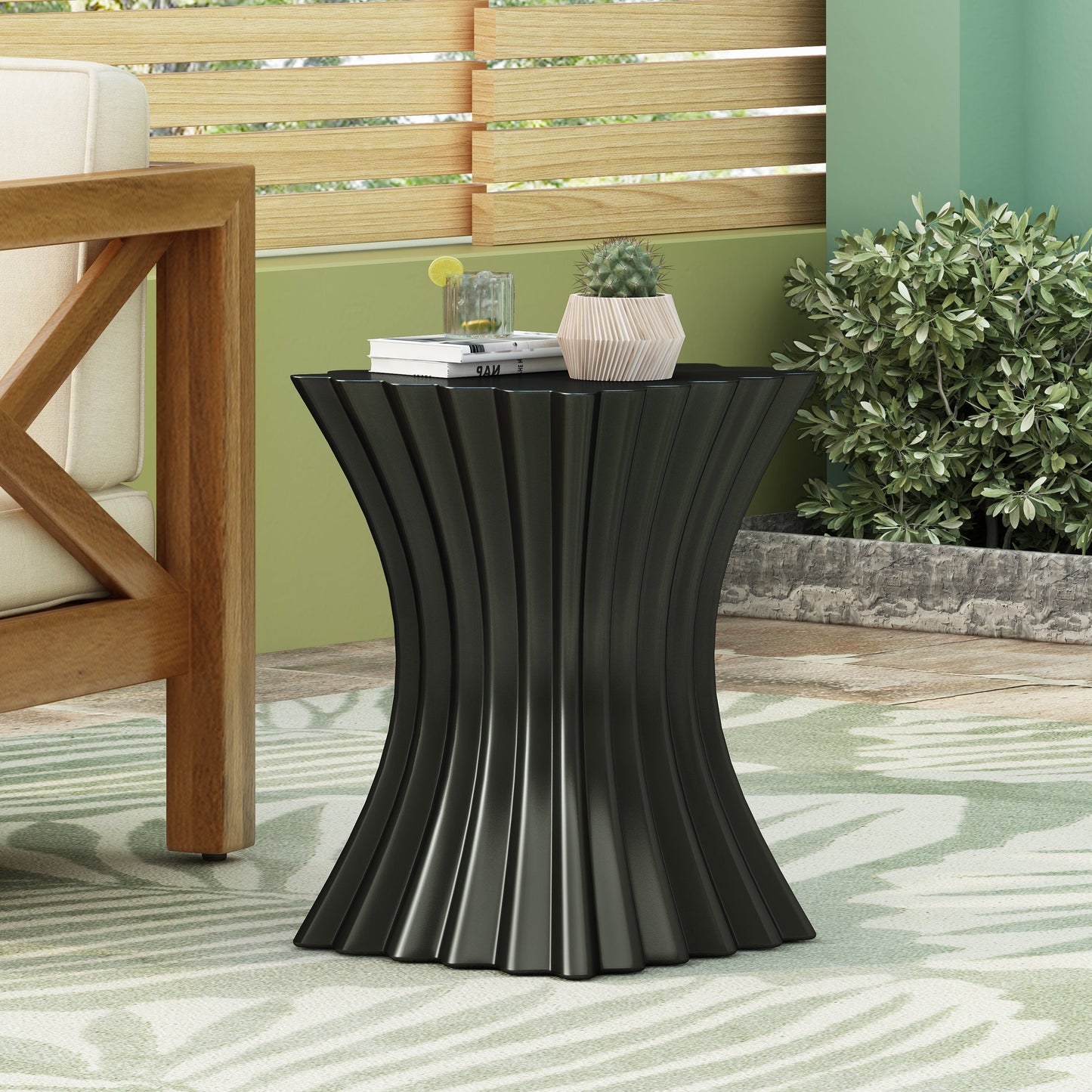 Outdoor Wave Design Side Table, Lightweight Concrete Garden Stool, Black