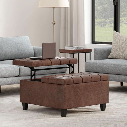 Storage Ottoman Distressed Saddle Brown Leatherette