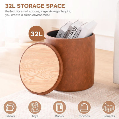 Dark Brown Faux Leather Round Storage Ottoman