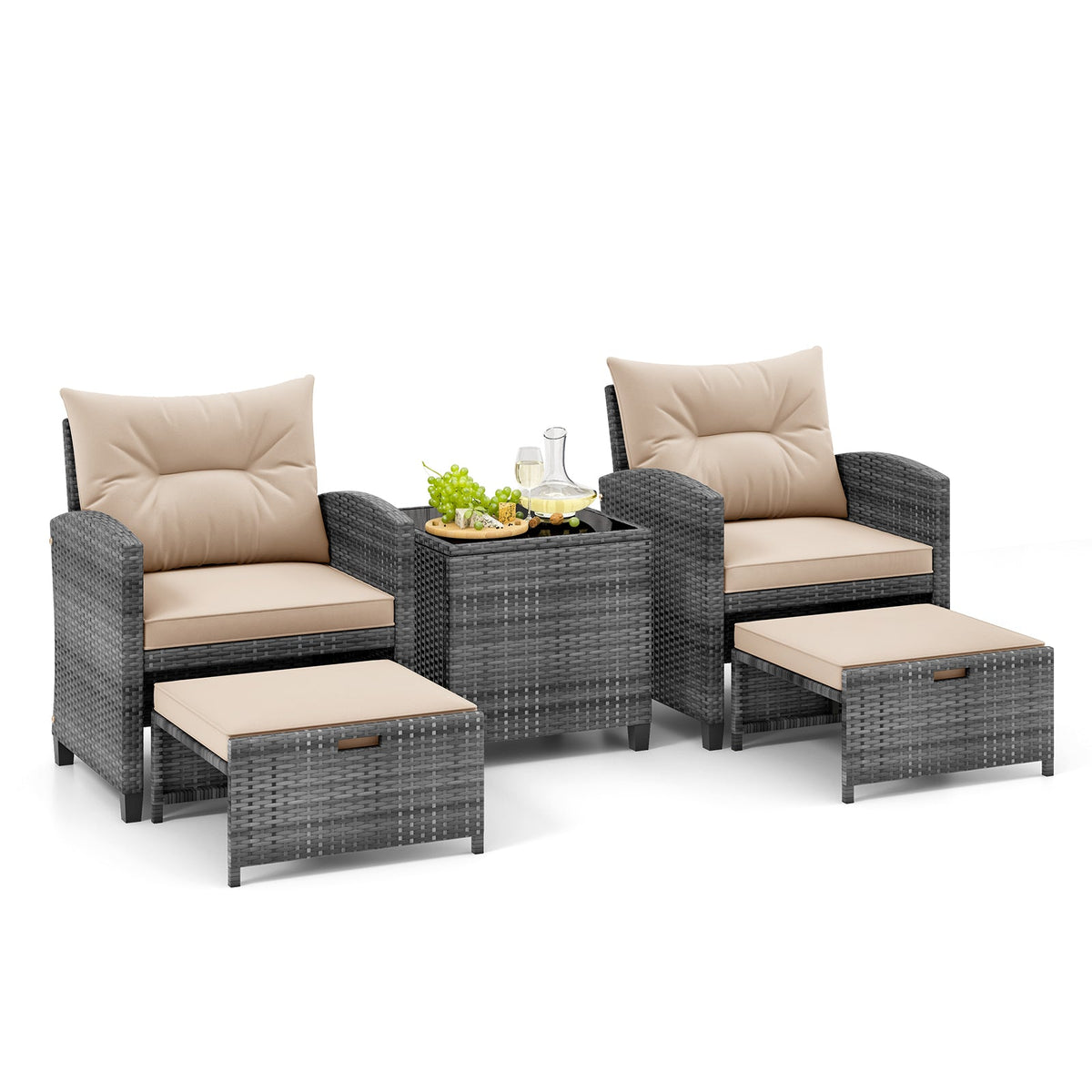 5 Piece Patio Rattan Furniture with 2 Ottomans and Tempered Glass Coffee Table - Marijuana Mama