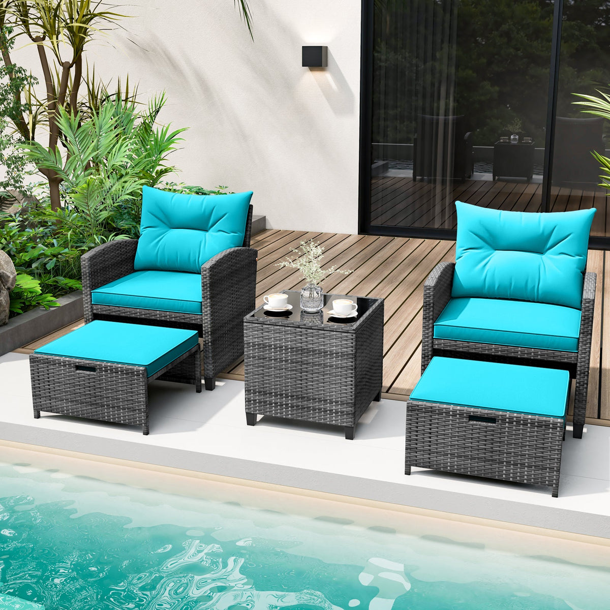 5 Piece Patio Rattan Furniture with 2 Ottomans and Tempered Glass Coffee Table - Marijuana Mama
