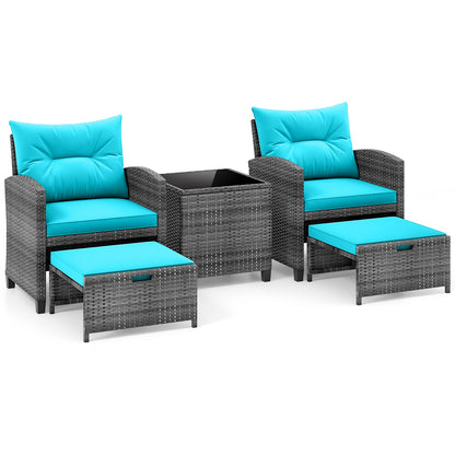 5 Piece Patio Rattan Furniture with 2 Ottomans and Tempered Glass Coffee Table - Marijuana Mama