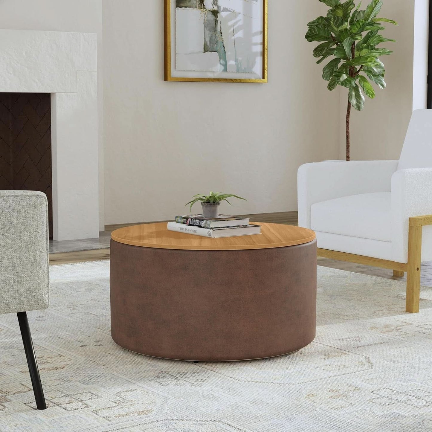 Upholstered Brown Wood Top Storage Ottoman