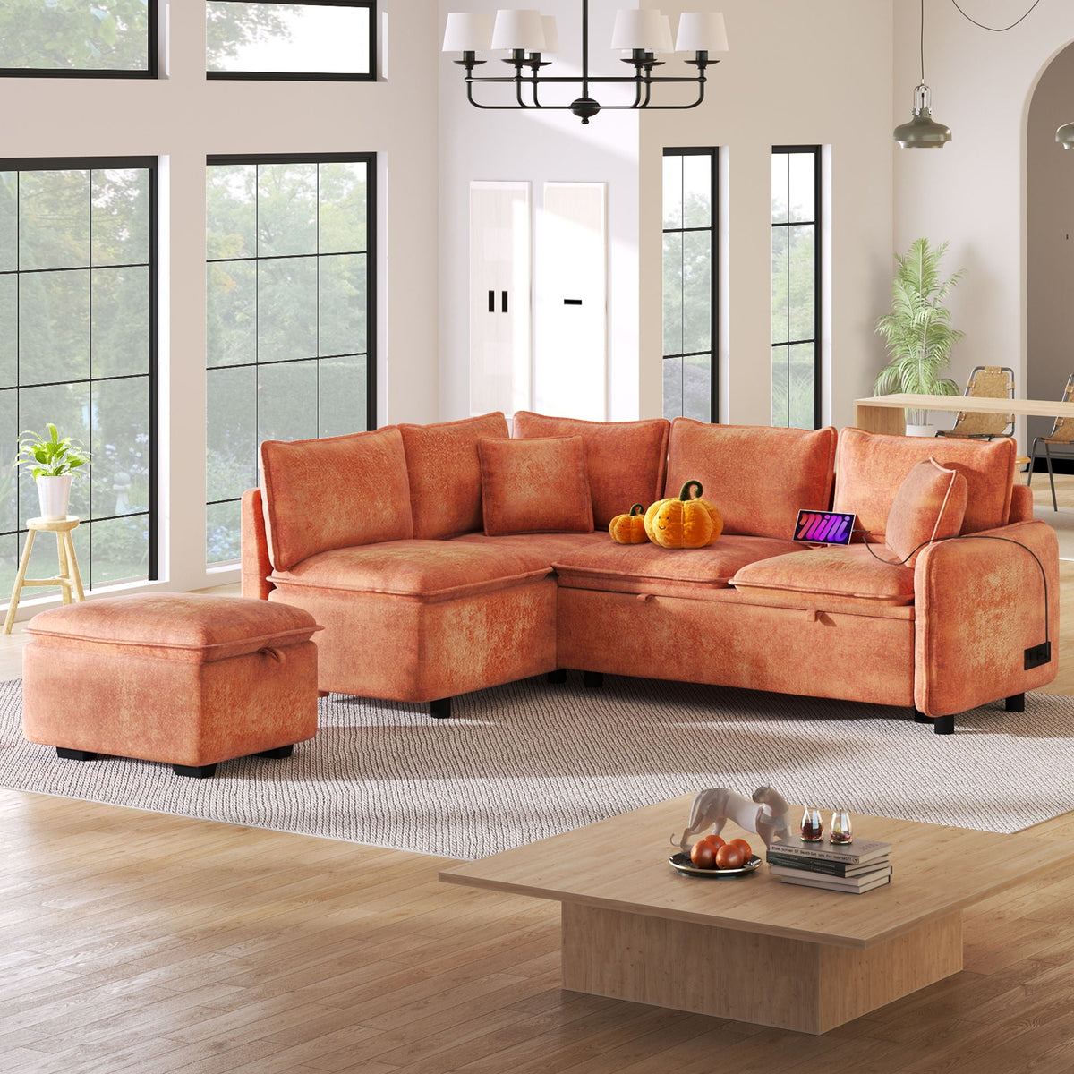 Convertible Sofa Bed Sectional Sofa Sleeper L-Shaped Sofa With A Storage Ottoman, Two Pillows, Two Power Sockets And Two USB Ports For Living Room - Marijuana Mama